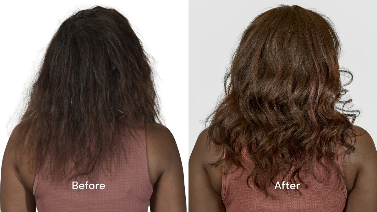 A demonstration of how well viemaa's Hair Repair Kit works with a before and after comparison of Priscila R's hair.