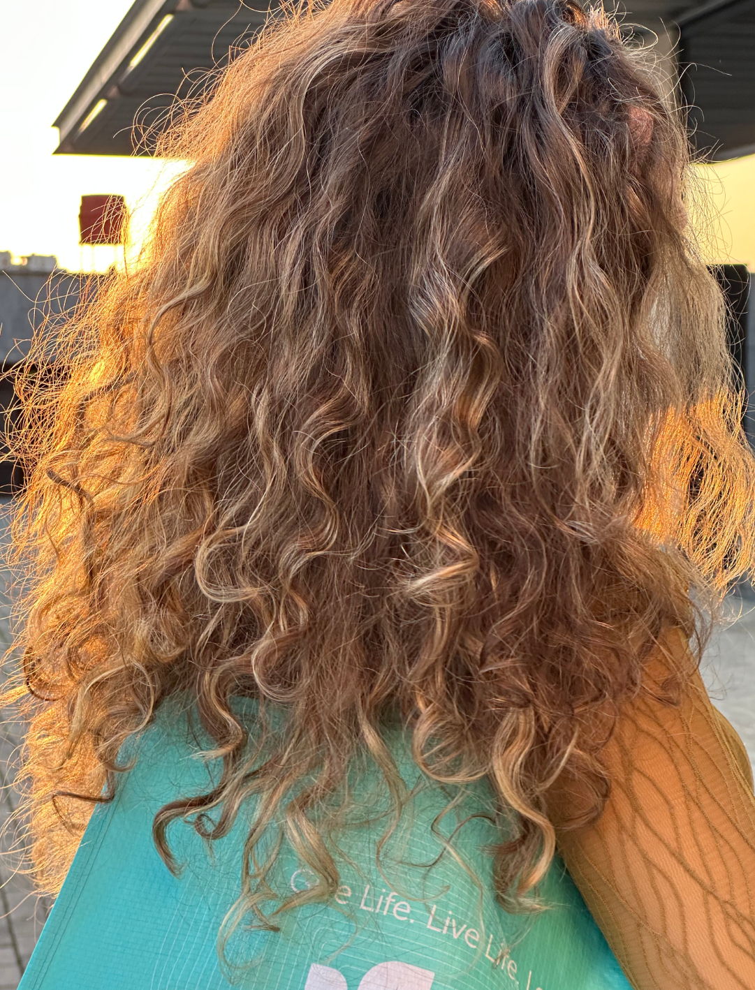 A woman whose dry, brittle hair is being highlighted by the sun. 