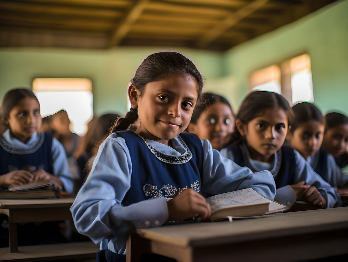 A young girl smiles at the viewer, happy because she's in school thanks to the funding from Viemaa. 