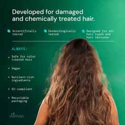 Infographic explaining the benefits of viemaa products, such as the fact that they are scientifically tested, designed for all hair types and textures, and safe for color treated hair. 