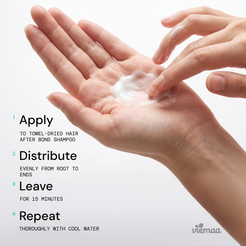 Infographic mapping out how to use viemaa bond booster: Apply to wet hair after washing, distribute evenly from roots to ends, leave for 15 minutes, rinse thoroughly with cool water. 