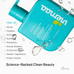 Infographic detailing viemaa's clean beauty standards, listing harmful ingredients excluded from the oil such as silicones, parabens, and SLS/SLES.