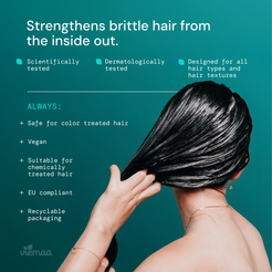 Infographic explaining the benefits of viemaa products, such as the fact that they are scientifically tested, designed for all hair types and textures, and safe for color treated hair. 