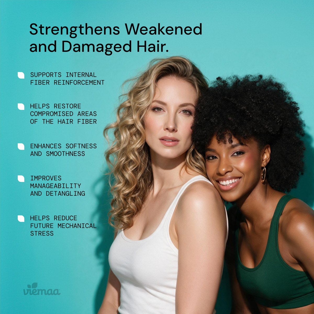 Infographic highlighting the bond mask supports internal fiber reinforcement, helps restore compromised areas of the hair fiber, and improves manageability and detangling. 