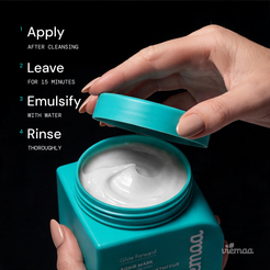Infographic mapping out the bond mask's use: Apply after cleaning, leave for 15 minutes, emulsify with water, and rinse thoroughly. 