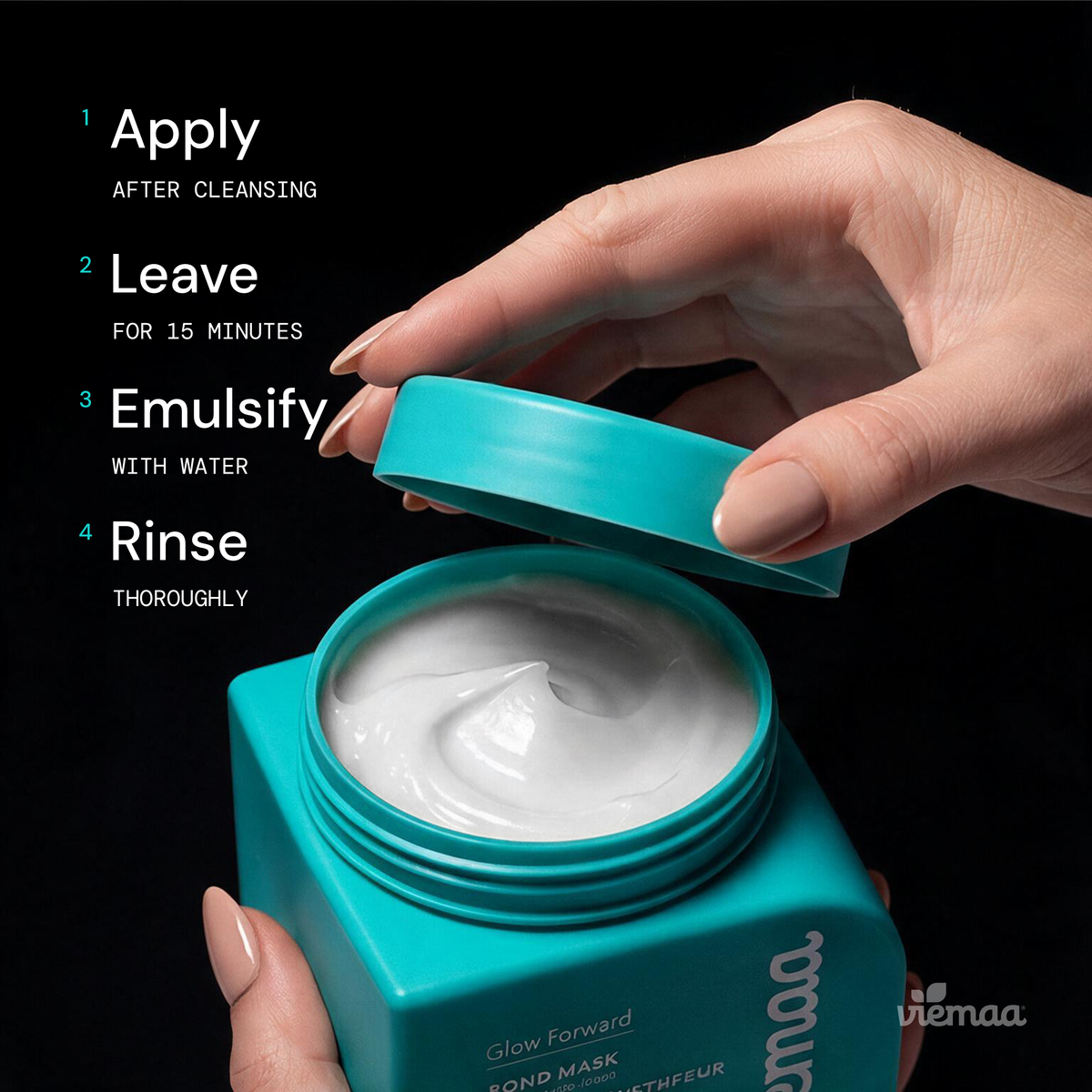 Infographic mapping out the bond mask's use: Apply after cleaning, leave for 15 minutes, emulsify with water, and rinse thoroughly. 