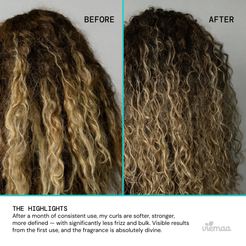 Infographic showing a before and after hair comparison illustrating how the viemaa Bond Mask helps make curls softer, stronger, and more defined. 
