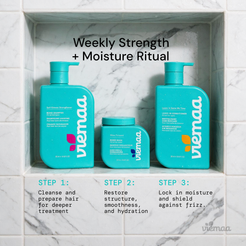 Infographic mapping out the viemaa Weekly Strength + Moisture Ritual: Cleanse with Bond Shampoo, Restore structure with a Bond Mask, and lock in moisture with Leave in Conditioner. 