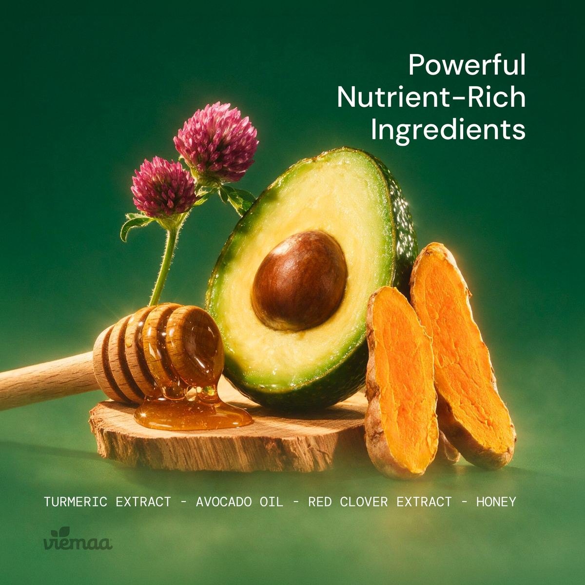 Infographic displaying the natural botanical ingredients in viemaa Bond Mask including avocado oil, turmeric extract, red clover extract, and honey. 