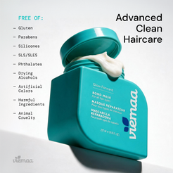 Infographic detailing viemaa's clean beauty standards, listing harmful ingredients excluded from the oil such as silicones, parabens, and SLS/SLES.