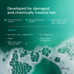 Infographic explaining the benefits of viemaa products, such as the fact that they are scientifically tested, designed for all hair types and textures, and safe for color treated hair. 