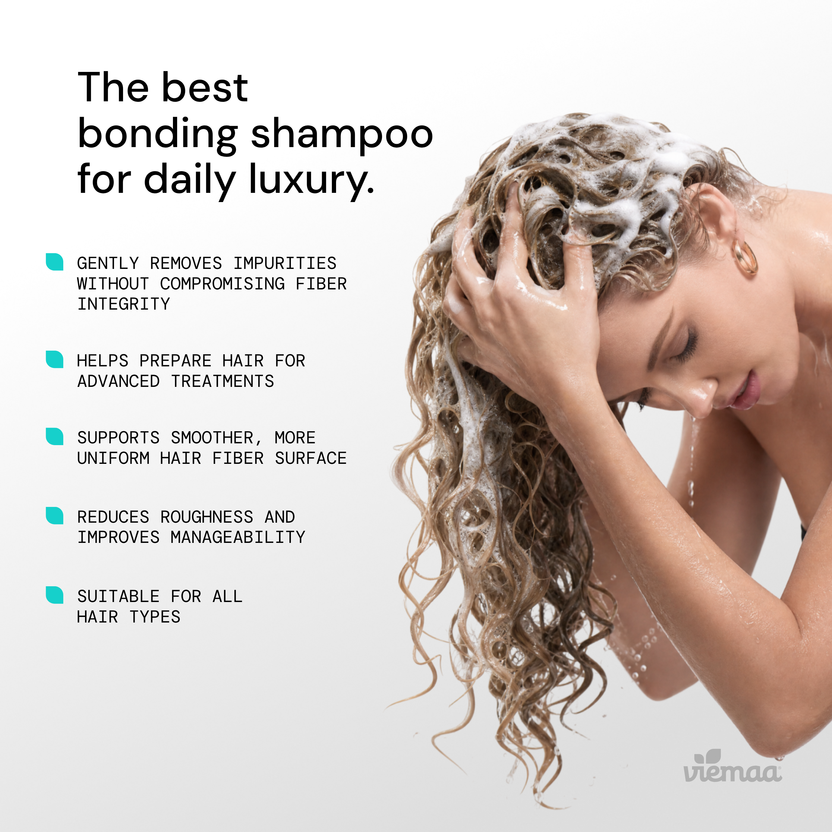Infographic listing the shampoos key benefits, including how it removed impurities without compromising fiber integrity and supports a smoother, more uniform hair surface. 