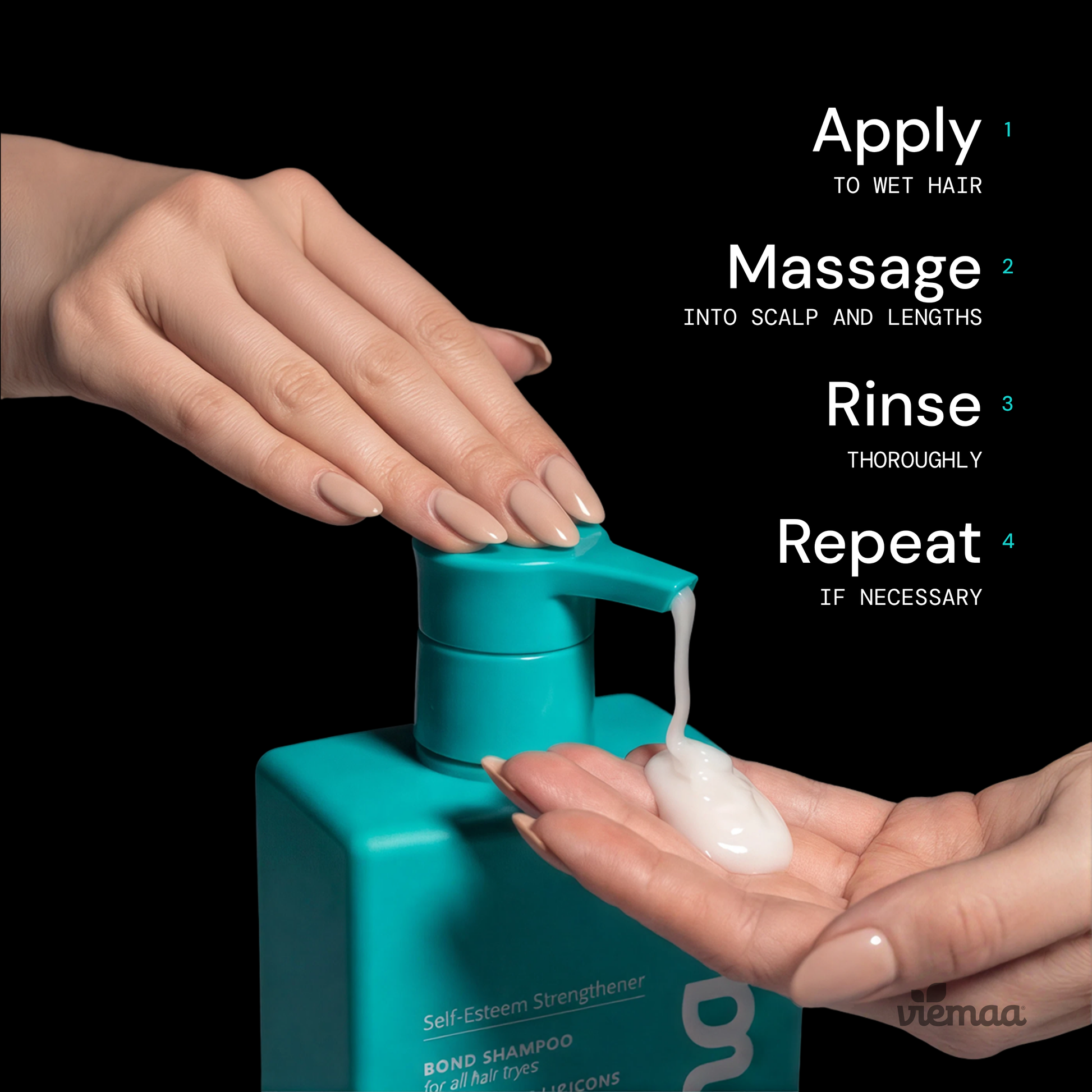 Infographic mapping out how to use the bond shampoo: apply to we hair, massage into scalp and lengths, rinse thoroughly, and repeat if necessary. 