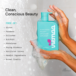 Infographic detailing viemaa's clean beauty standards, listing harmful ingredients excluded from the oil such as silicones, parabens, and SLS/SLES.