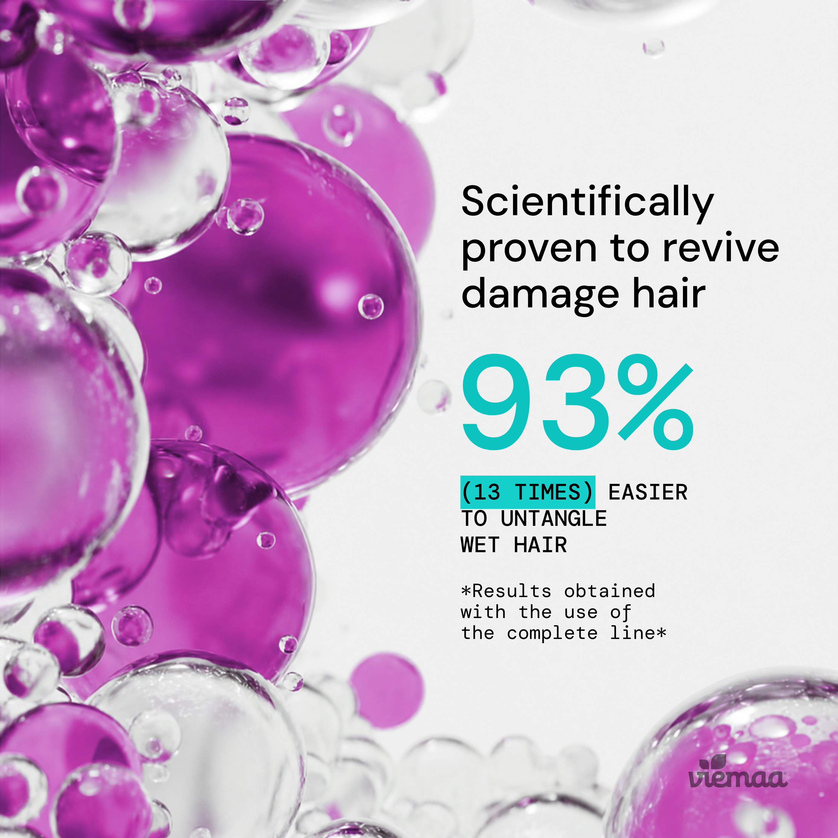 Infographic highlighting how viemaa's bond building collection makes it 93% easier to untangle wet hair. 