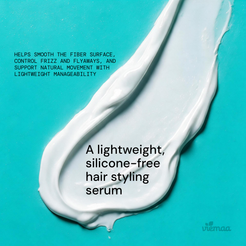 Infographic explaining how viemaa's daily styling serum helps smooth the fiber surface of hair, control frizz, and support natural movement with lightweight manageability. 