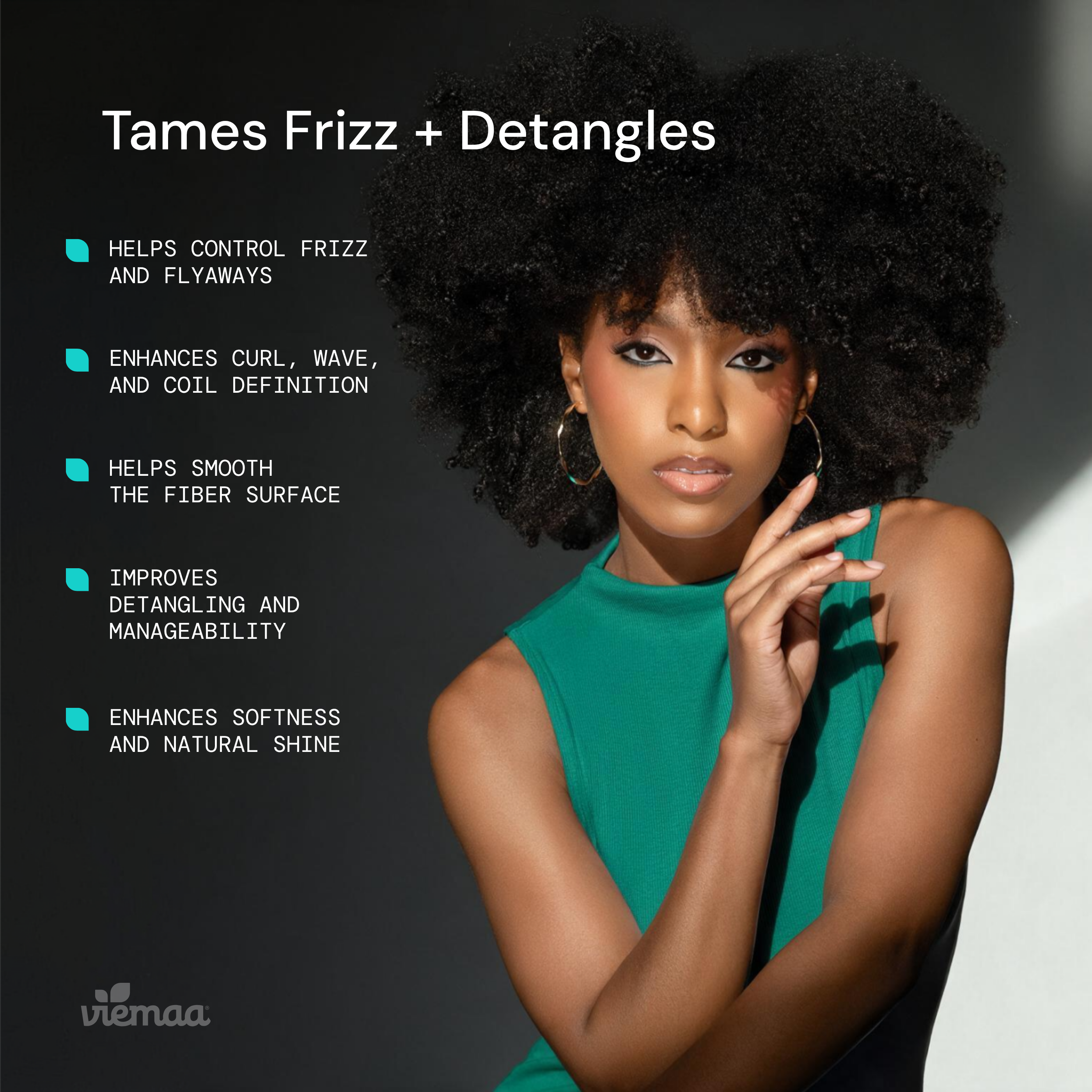 Infographic explaining the main benefits of veimaa's Daily Styling Serum, including: helping to control frizz and flyaways, enhancing curl, wave, and coil definition, smoothing the fiber surface, improving manageability, and enhancing softness.