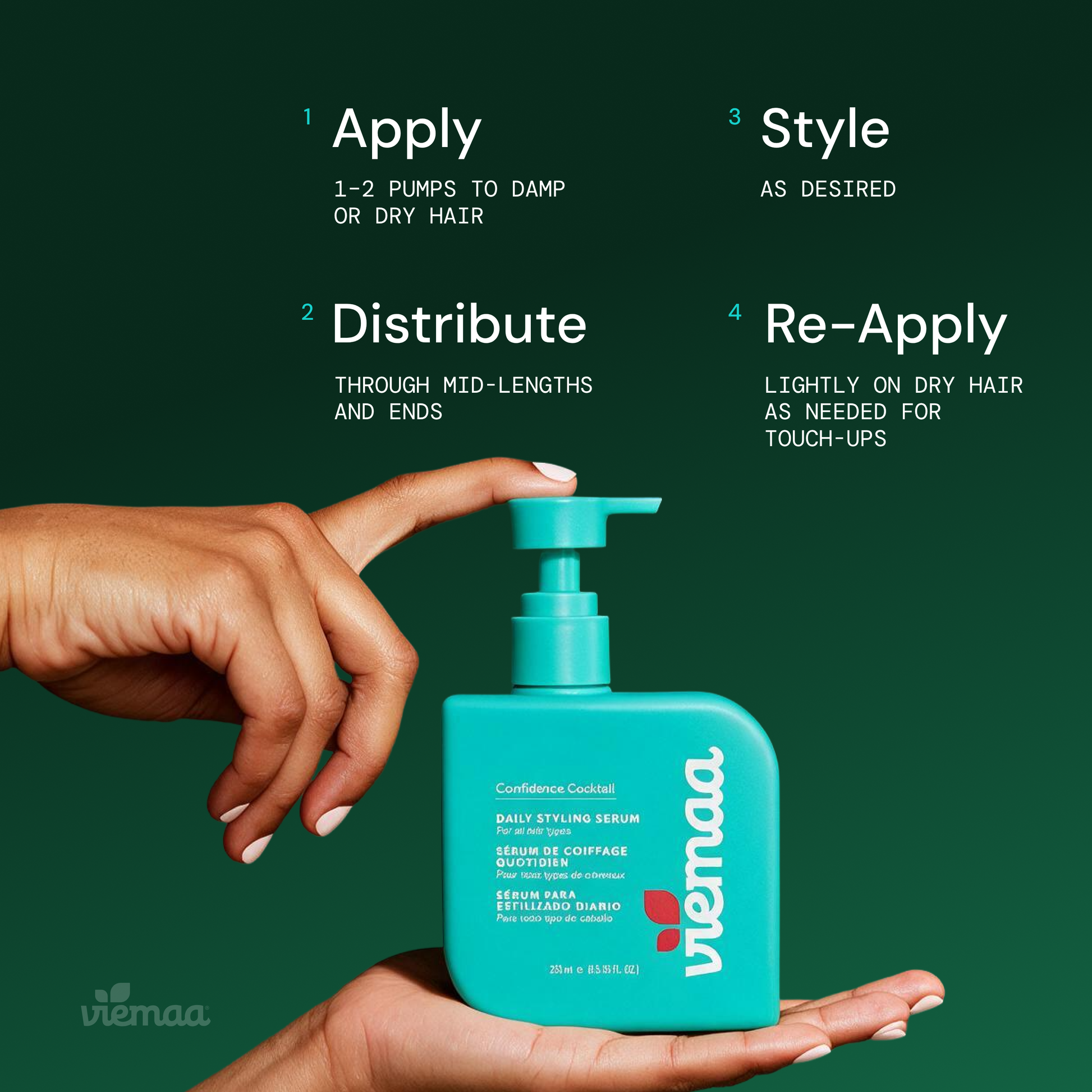 Infographic mapping out how to use viemaa's Daily Styling Serum. 1) Apply 1-2 pumps 2) Distribute through mid-lengths and ends 3) Style as desired 4) re-apply lightly on dry hair as needed for touch-ups. 