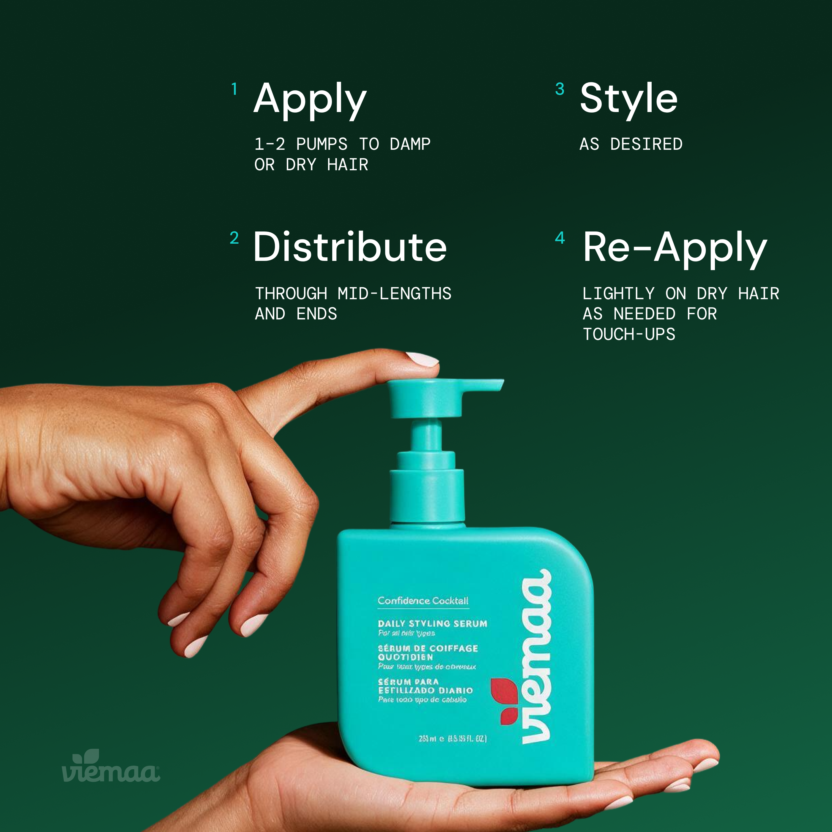 Infographic mapping out how to use viemaa's Daily Styling Serum. 1) Apply 1-2 pumps 2) Distribute through mid-lengths and ends 3) Style as desired 4) re-apply lightly on dry hair as needed for touch-ups. 