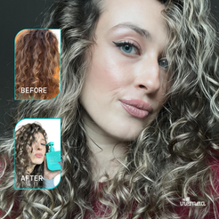 Infographic showing before and after hair comparison illustrating how viemaa's daily styling serum helps style hair.