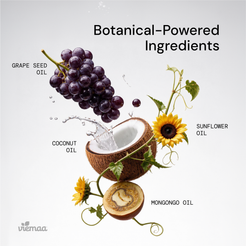 Infographic highlighting viemaa's botanical-powered ingredients, including: grape seed oil, sunflower oil, coconut oil, and mongongo oil.