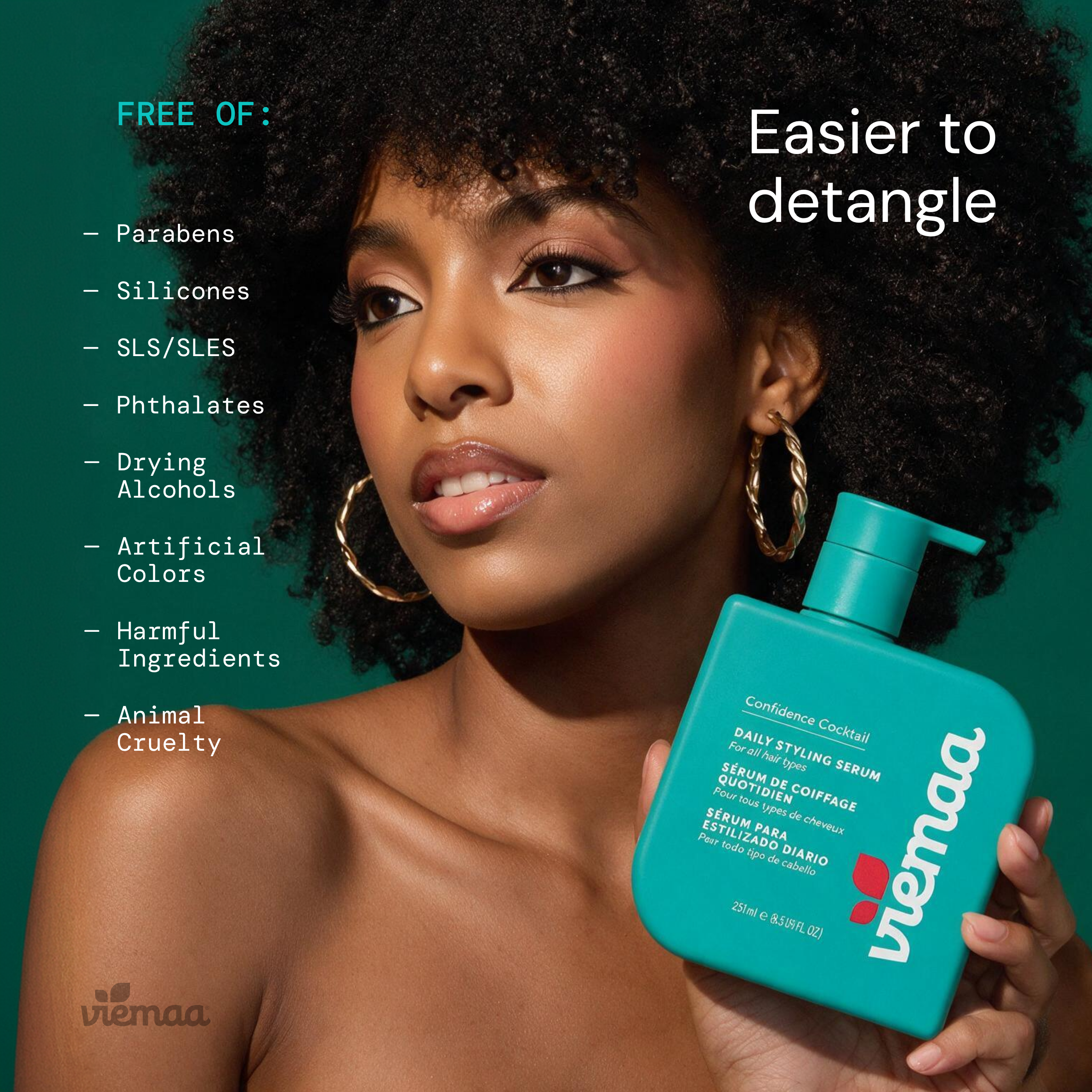Infographic detailing viemaa's clean beauty standards, listing harmful ingredients excluded from the oil such as silicones, parabens, and SLS/SLES.