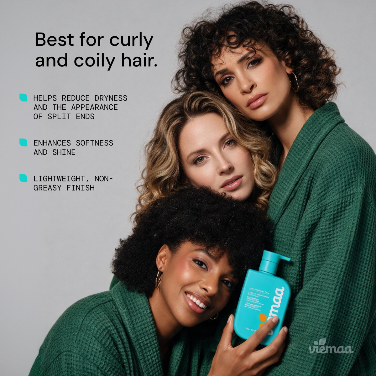 Infographic highlighting the key benefits of viemaa's leave in conditioner, including: reducing dryness, enhancing softness and shine, and the fact that it's non-greasy and lightweight.