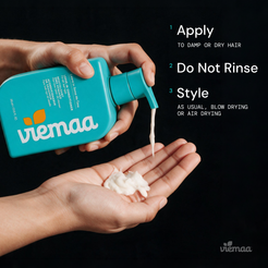 Infographic mapping out how to use viemaa's leave in conditioner. 1) Apply to damp or dry hair 2) Do not rinse 3) Style as usual, either blow drying or air drying.