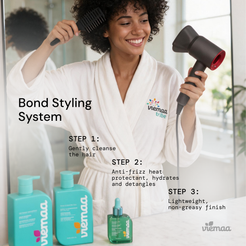 Infographic mapping how viemaa's bond styling system: Bond Shampoo, Leave in Conditioner, and Repair Elixir Oil. 