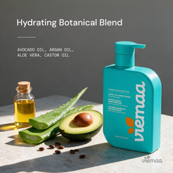Infographic highlighting the hydrating botanical blend of ingredients in viemaa's leave in conditioner, including: avocado oil, argan oil, aloe vera, and castor oil. 