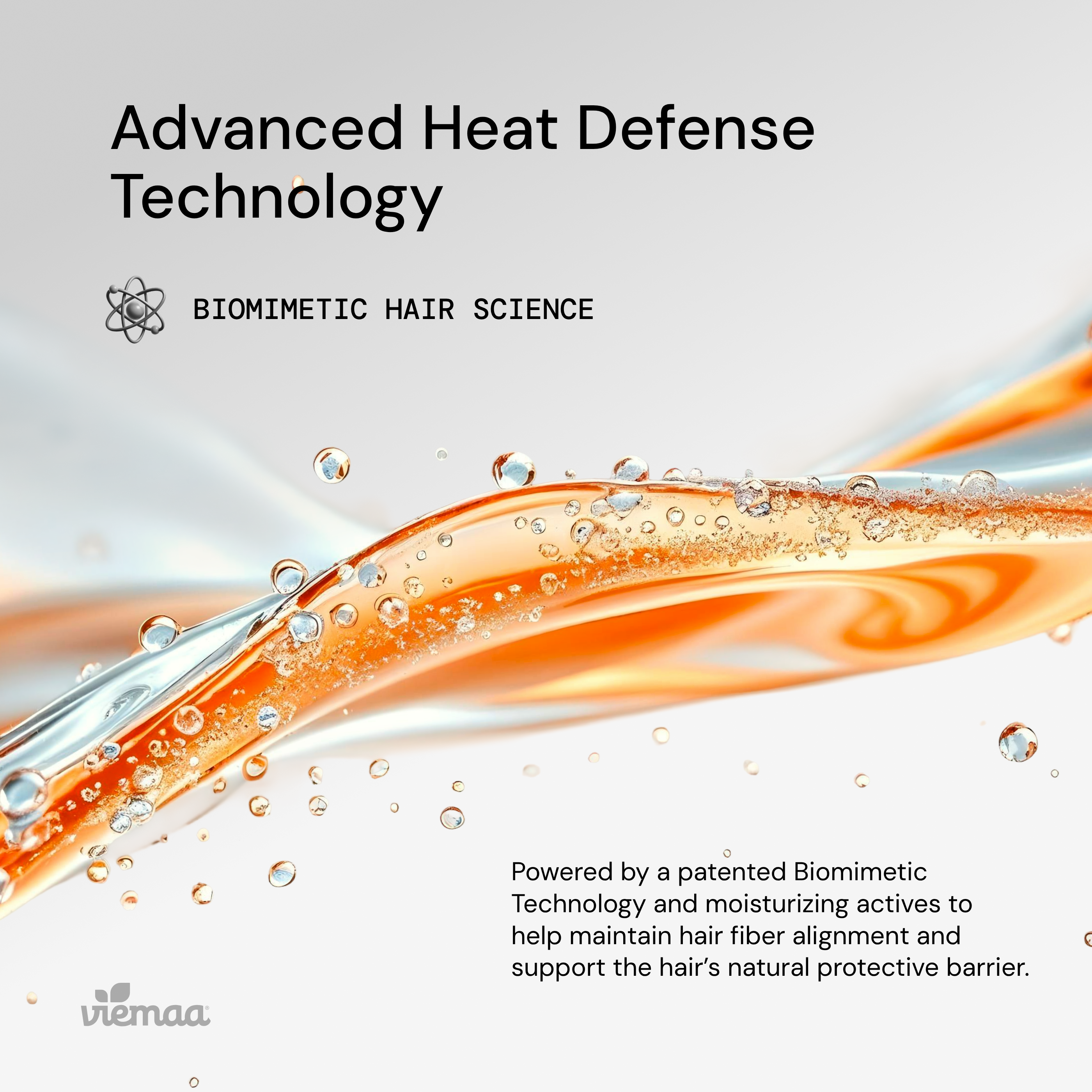 Infographic about viemaa's patented Biomimetic Technology and how it helps maintain fiber alignment and support the hair's natural protective barrier. 