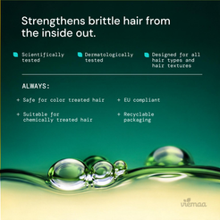 Infographic explaining the benefits of viemaa products, such as the fact that they are scientifically tested, designed for all hair types and textures, and safe for color treated hair. 