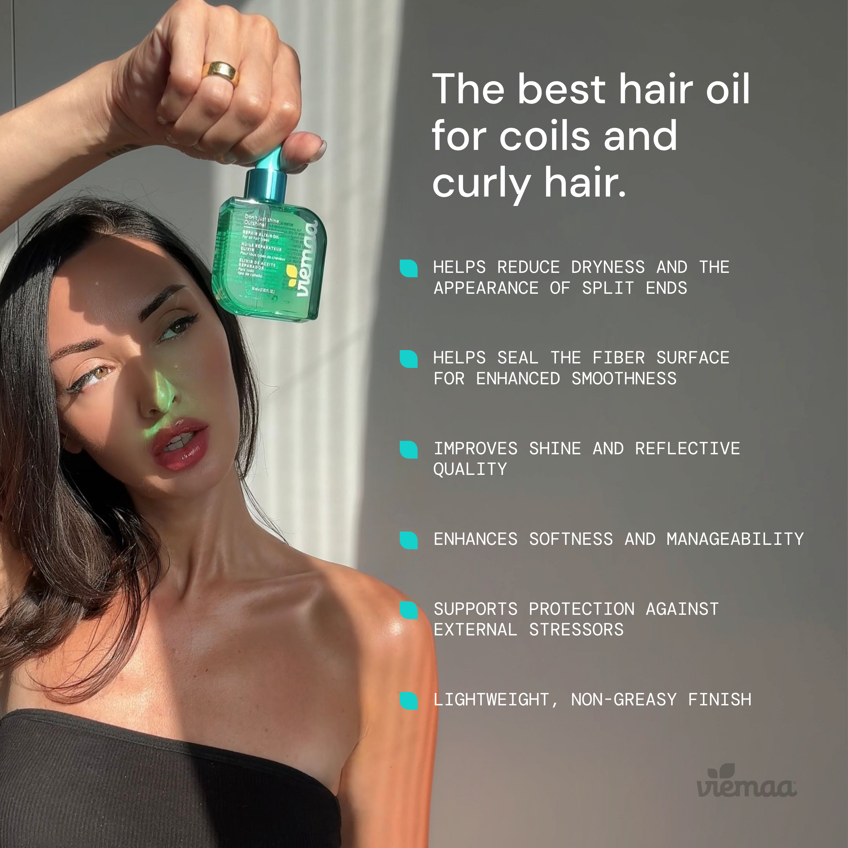 Infographic highlighting the oil helps reduce dryness and the appearance of split ends, seals the fiber for enhanced smoothness, and improves the hair's shine and reflective quality. 