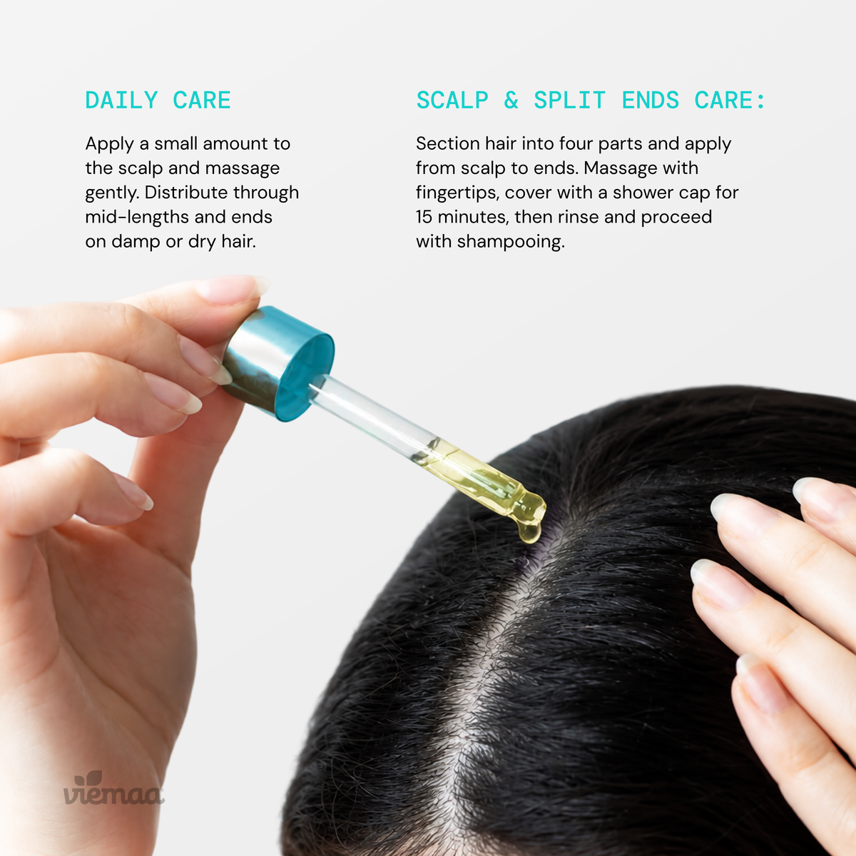 A woman applying viemaa Repair Elixir Oil directly to her scalp using a dropper.