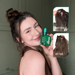 Infographic showing before and after hair comparison illustrating how Repair Elixir Oil treats dry, brittle hair and prevents breakage.