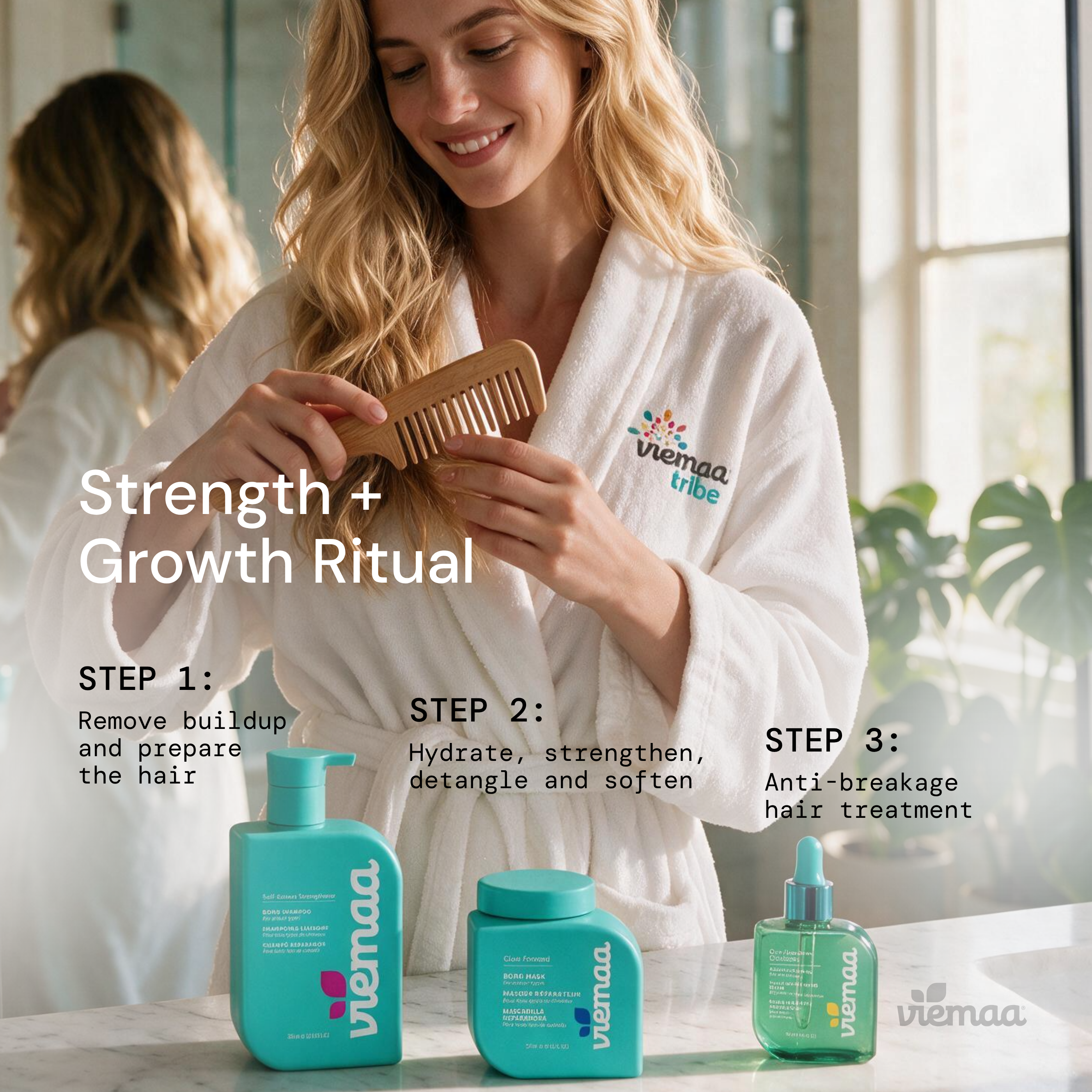 Infographic mapping out the viemaa Strength and Growth System routine: Bond Shampoo, Bond Mask, Leave-In Conditioner, and Repair Elixir Oil.