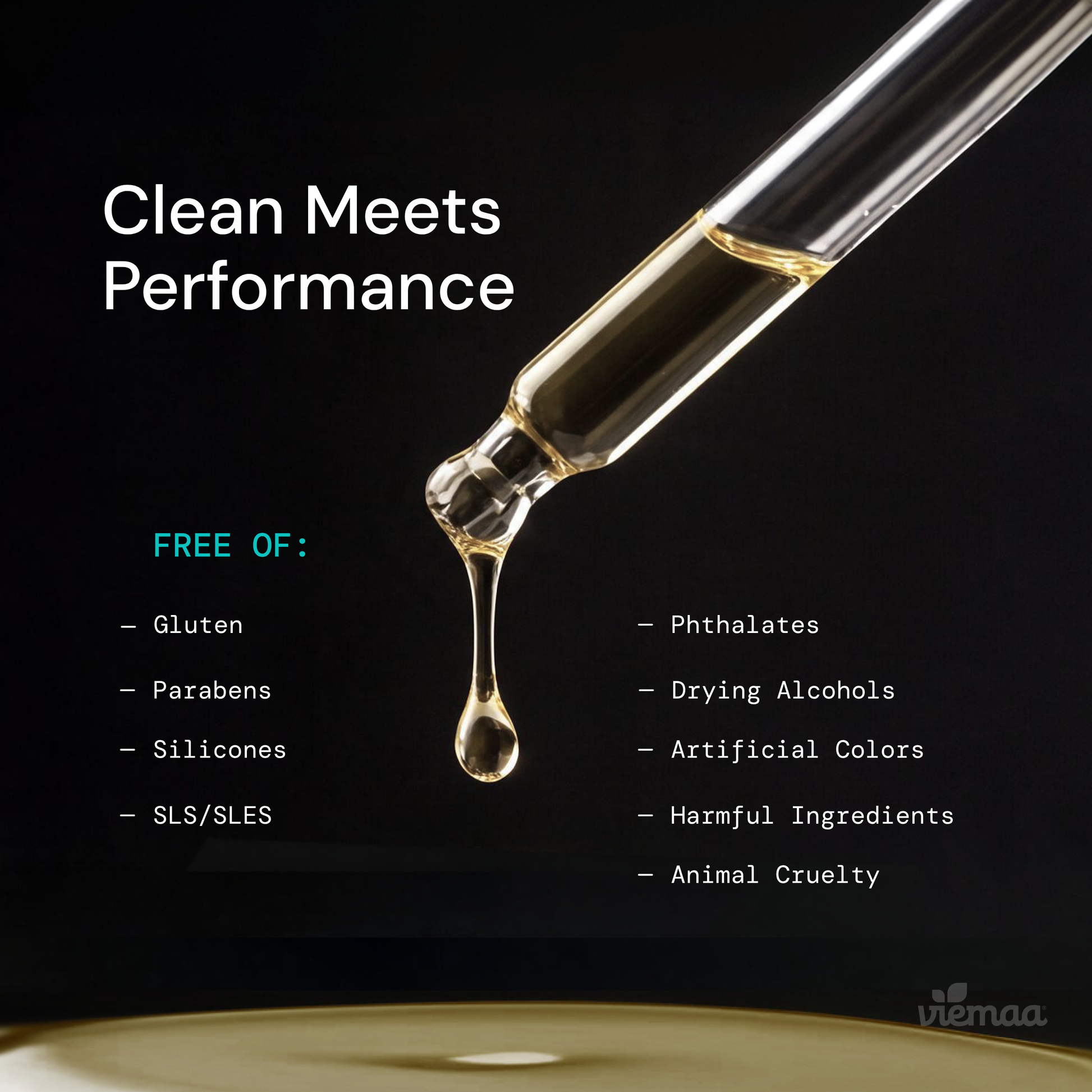 Infographic detailing viemaa's clean beauty standards, listing harmful ingredients excluded from the oil such as silicones, parabens, and SLS/SLES.
