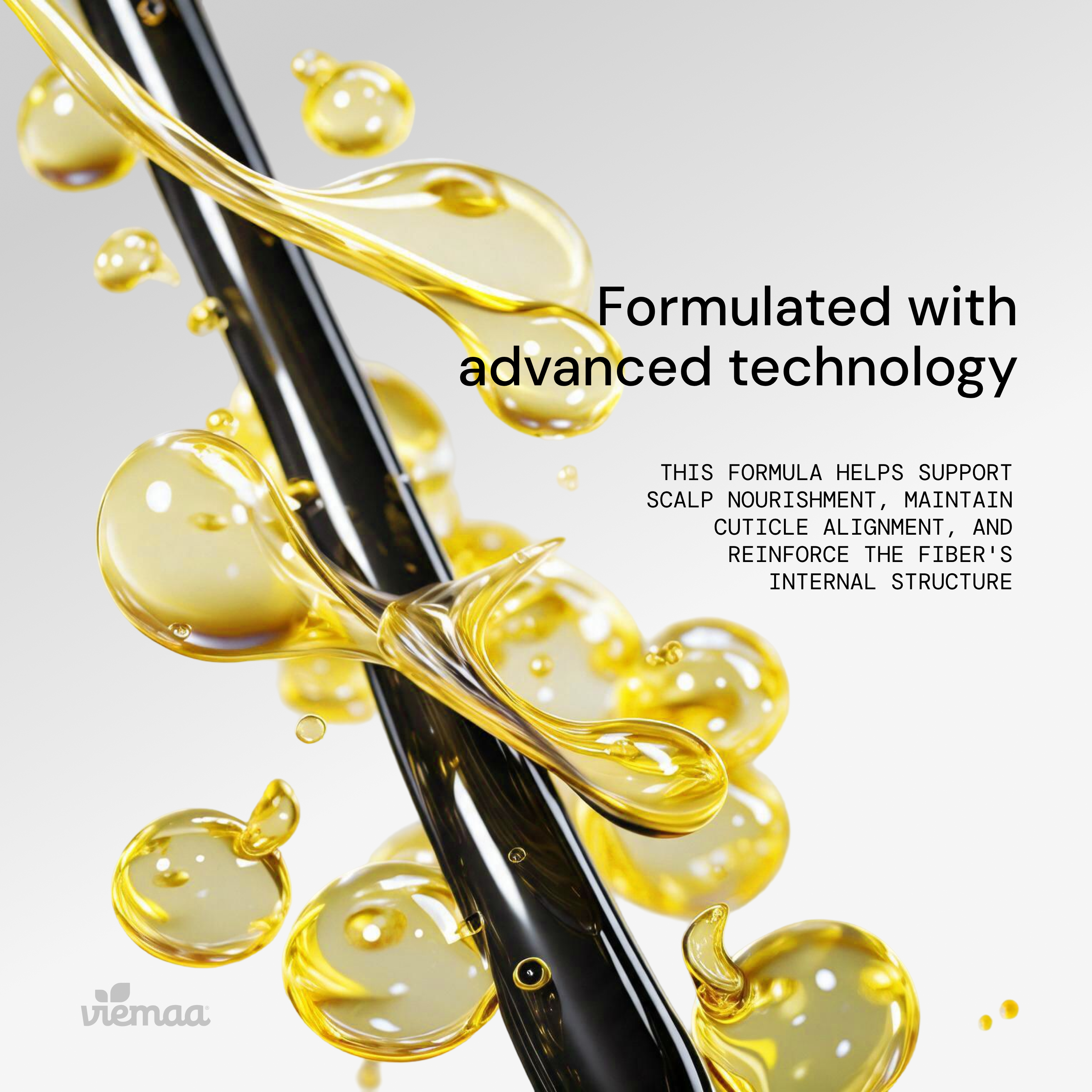 Infographic listing the benefits of viemaa's Repair Elixir Oil, such as maintaining cuticle alignment and reinforcing the hair fiber's internal structure. 